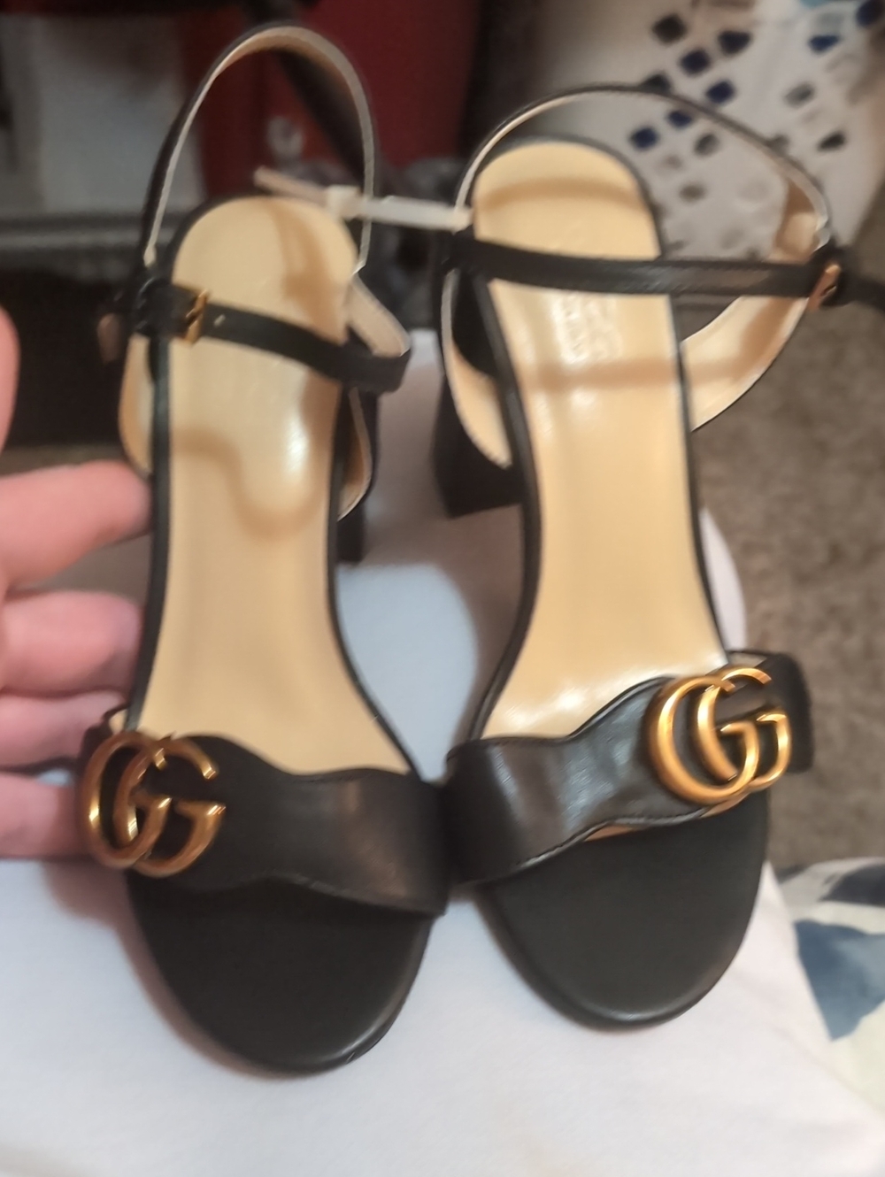 Black GUCCI .. Leather Heel Sandals with Gold Double-G Accent